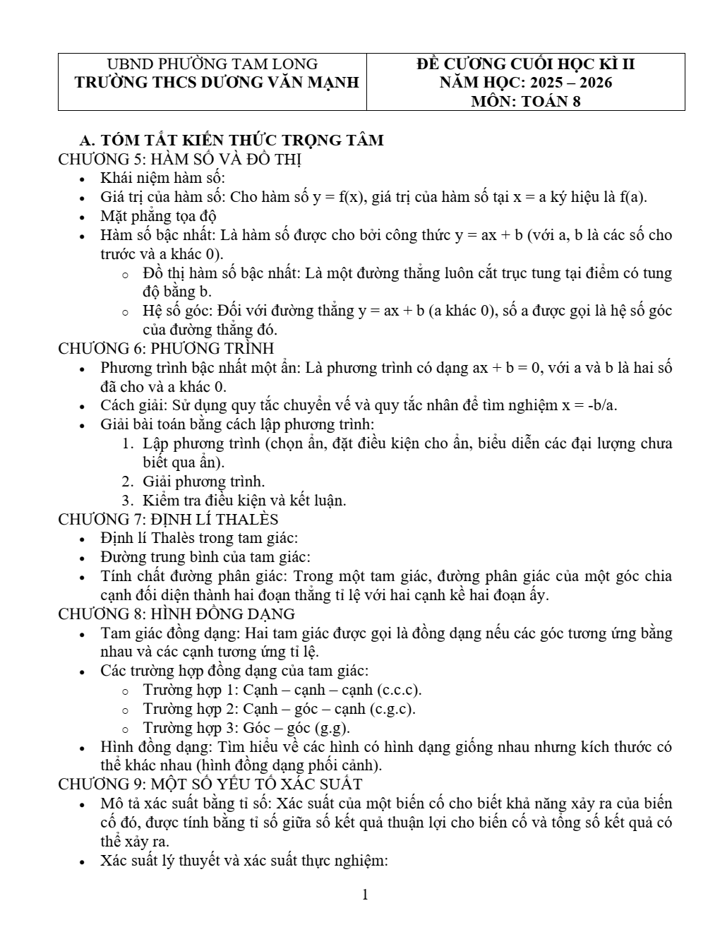 Đề cương ôn tập Học kì 2 Toán 8 trường THCS Dương Văn Mạnh (TP Hồ Chí Minh) năm 2025–2026