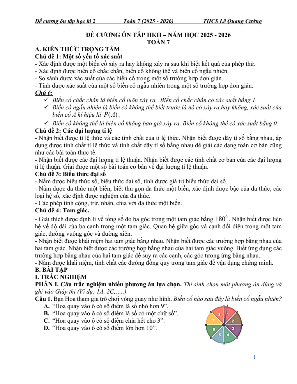 Đề cương ôn tập Học kì 2 Toán 7 trường THCS Lê Quang Cường (TP Hồ Chí Minh) năm 2025–2026