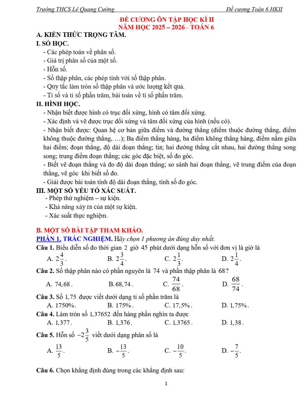 Đề cương ôn tập Học kì 2 Toán 6 trường THCS Lê Quang Cường (TP Hồ Chí Minh) năm 2025–2026