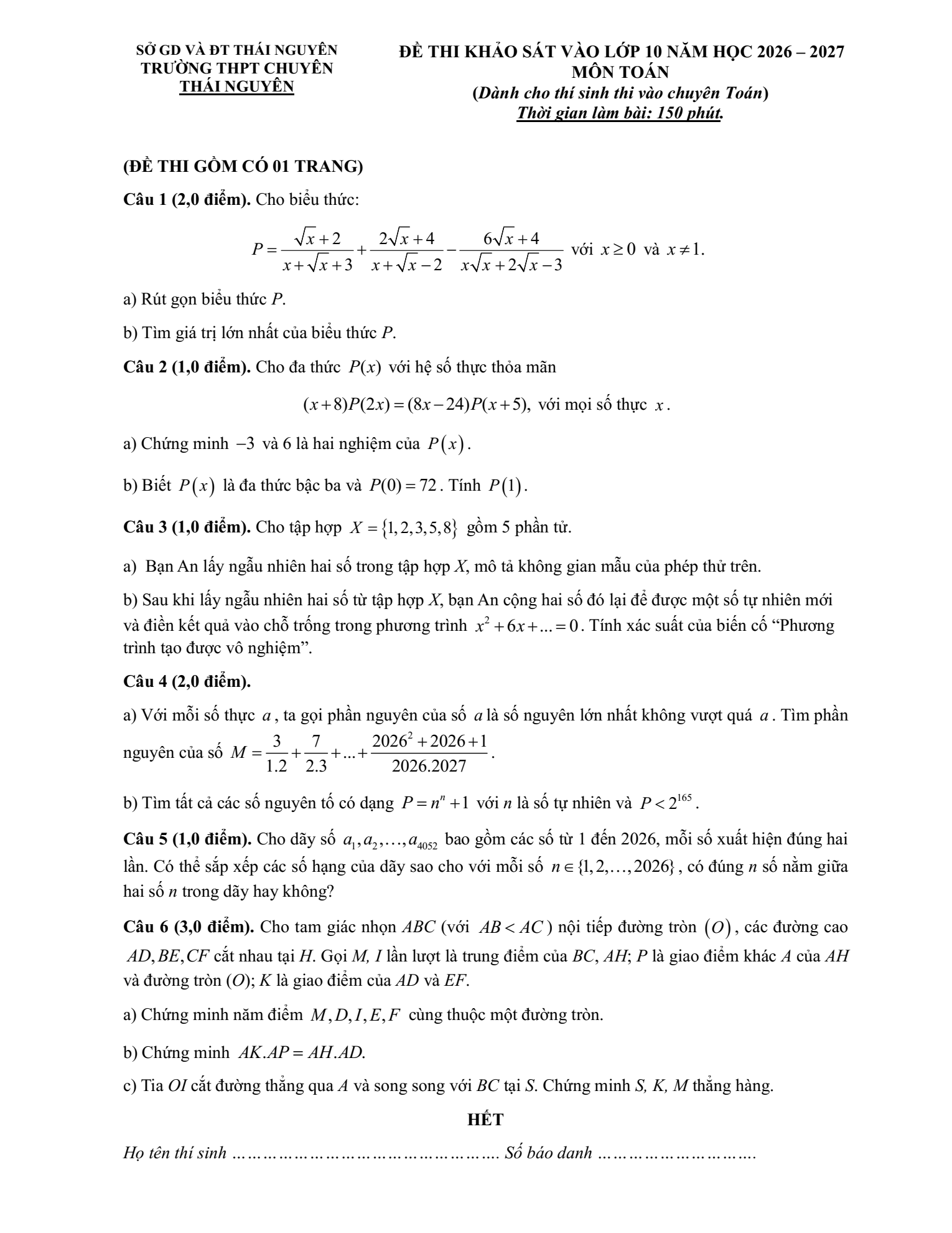 Đề thi thử Toán vào lớp 10 (chuyên) năm 2026-2027 trường THPT chuyên Thái Nguyên