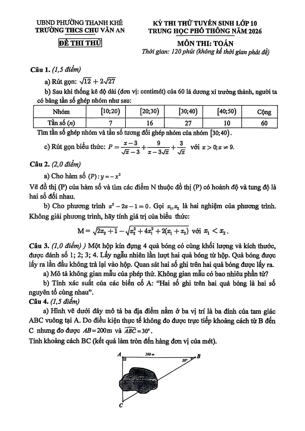 Đề thi thử Toán vào lớp 10 năm 2026-2027 trường THCS Chu Văn An (Đà Nẵng)