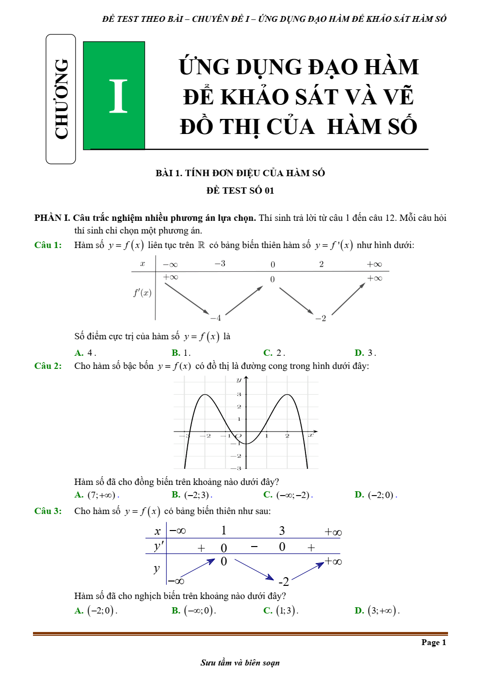 Đề kiểm tra theo bài học chủ đề ứng dụng đạo hàm để khảo sát và vẽ đồ thị hàm số lớp 12 (có lời giải)