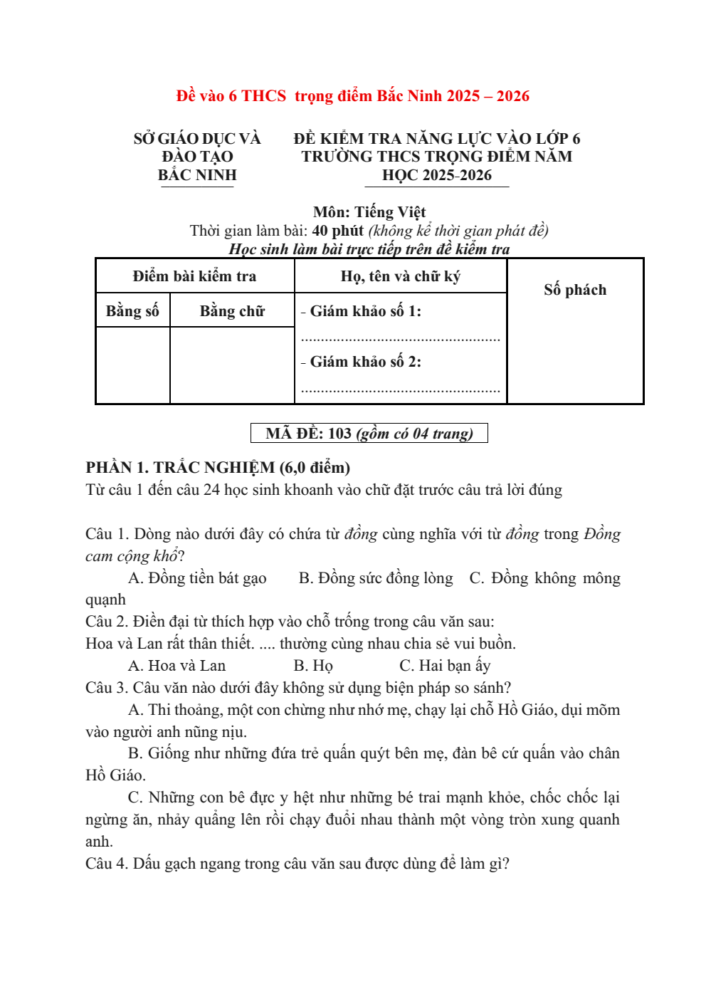 Đề thi thử vào lớp 6 môn Tiếng Việt trường THCS Trọng điểm Bắc Ninh (mã đề 103) năm 2026