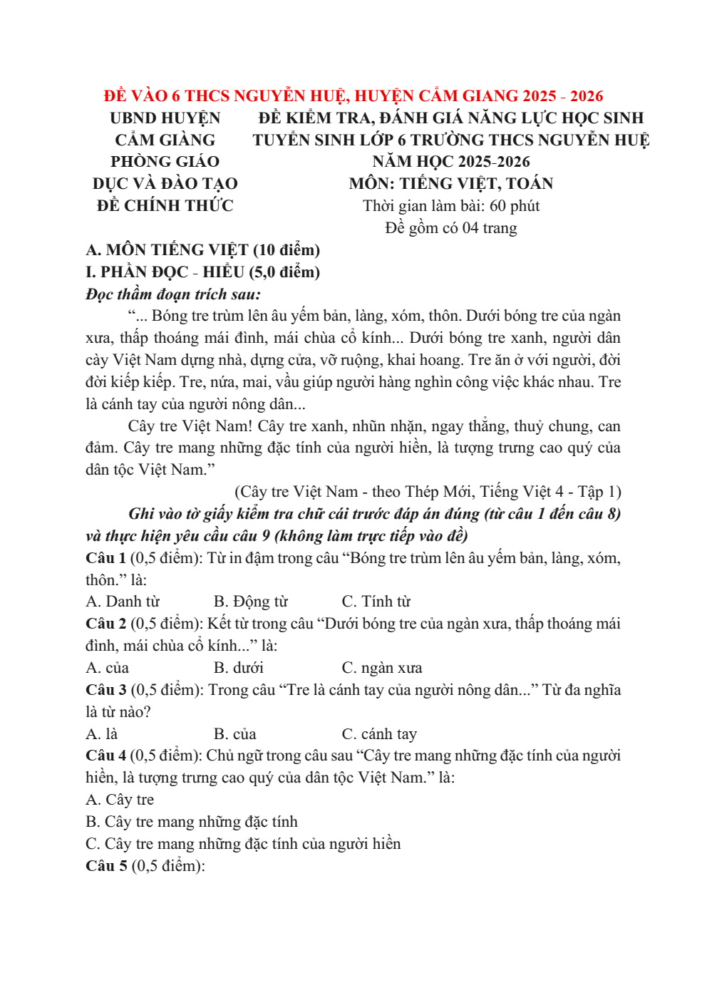 Đề thi tuyển sinh vào lớp 6 môn Tiếng Việt trường THCS Nguyễn Huệ (Hải Dương) năm học 2025-2026