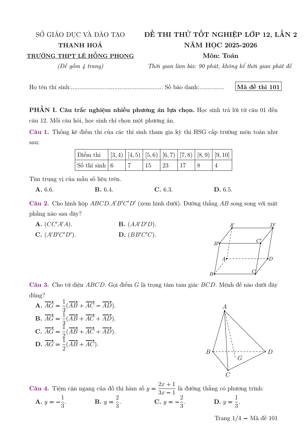 Đề thi thử Tốt nghiệp THPT Toán 2025-2026 trường THPT Lê Hồng Phong (lần 2) (Thanh Hóa)