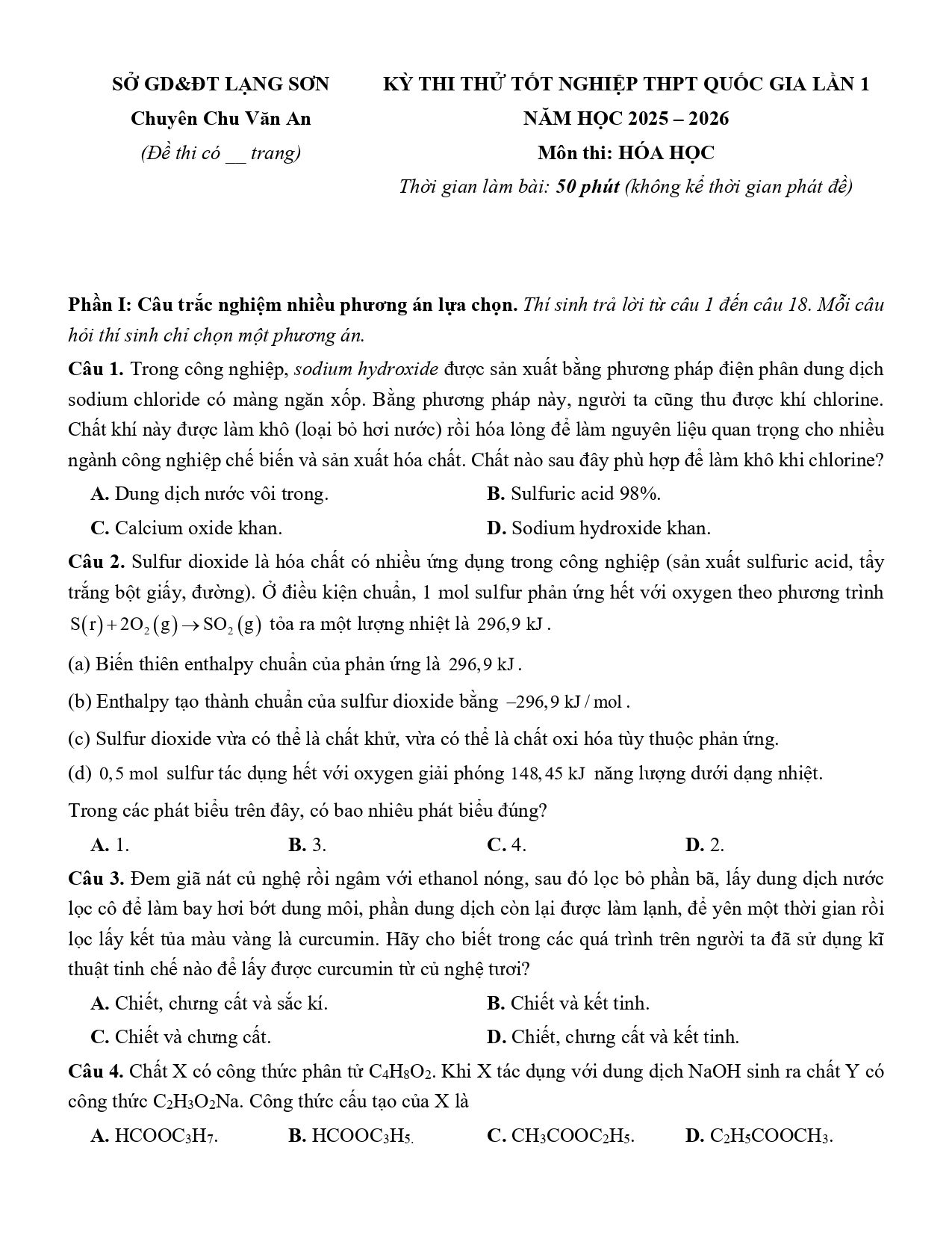 Đề thi thử Tốt nghiệp THPT Hóa học 2025 - 2026 trường chuyên Chu Văn An (lần 1) (Lạng Sơn)