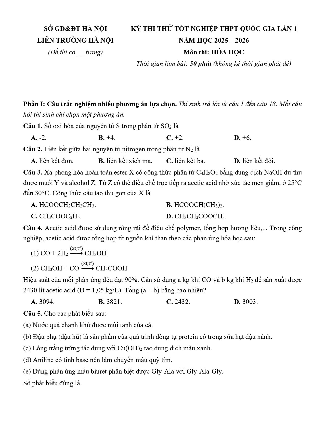 Đề thi thử Tốt nghiệp THPT Hóa học 2025 - 2026 Liên trường Hà Nội (lần 1)