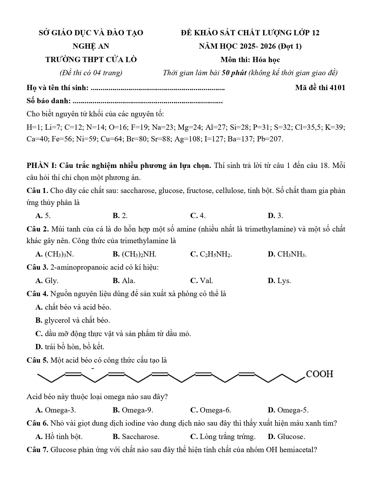 Đề thi thử Tốt nghiệp THPT Hóa học 2025 - 2026 trường THPT Cửa Lò (Nghệ An)