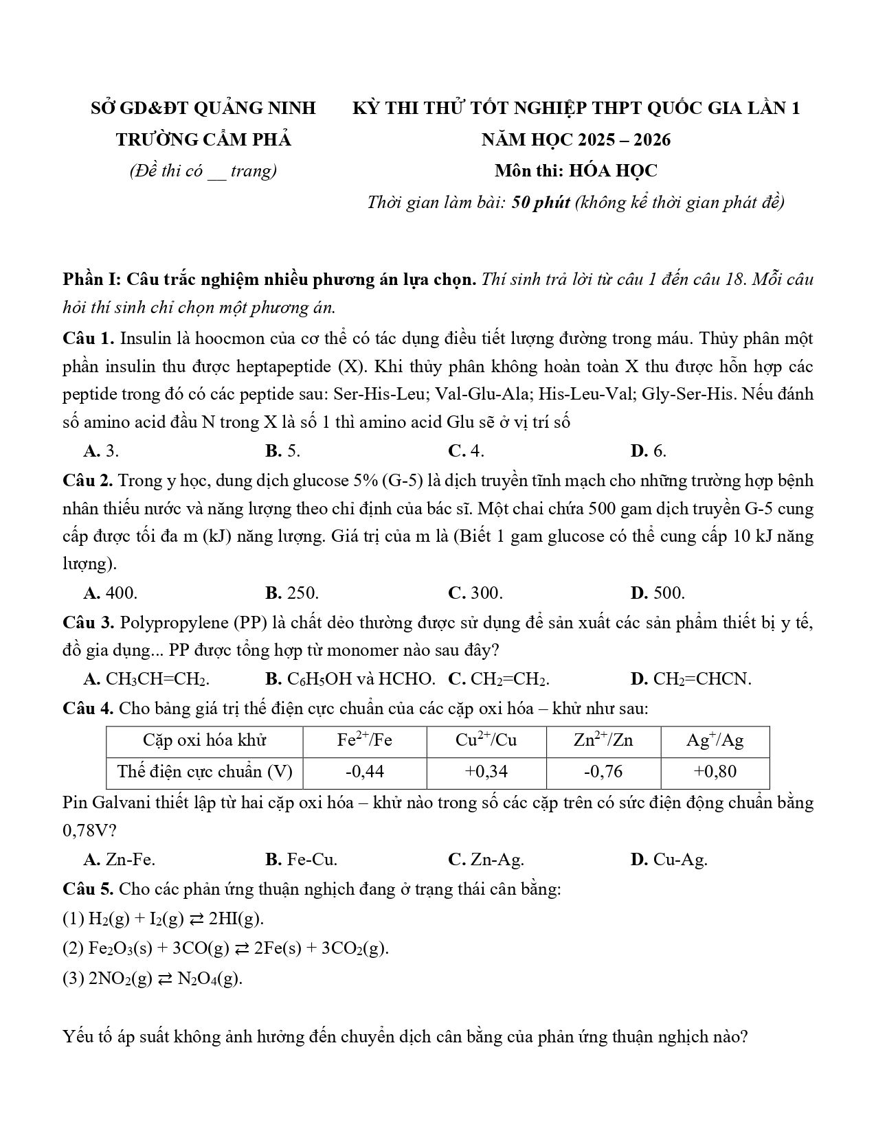 Đề thi thử Tốt nghiệp THPT Hóa học 2025 - 2026 trường THPT Cẩm Phả (lần 1) (Quảng Ninh)