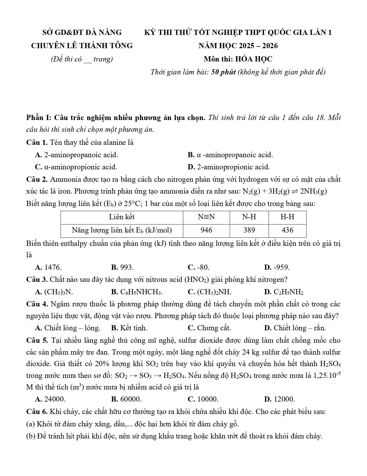Đề thi thử Tốt nghiệp THPT Hóa học 2025 - 2026 trường chuyên Lê Thánh Tông (lần 1) (Đà Nẵng)