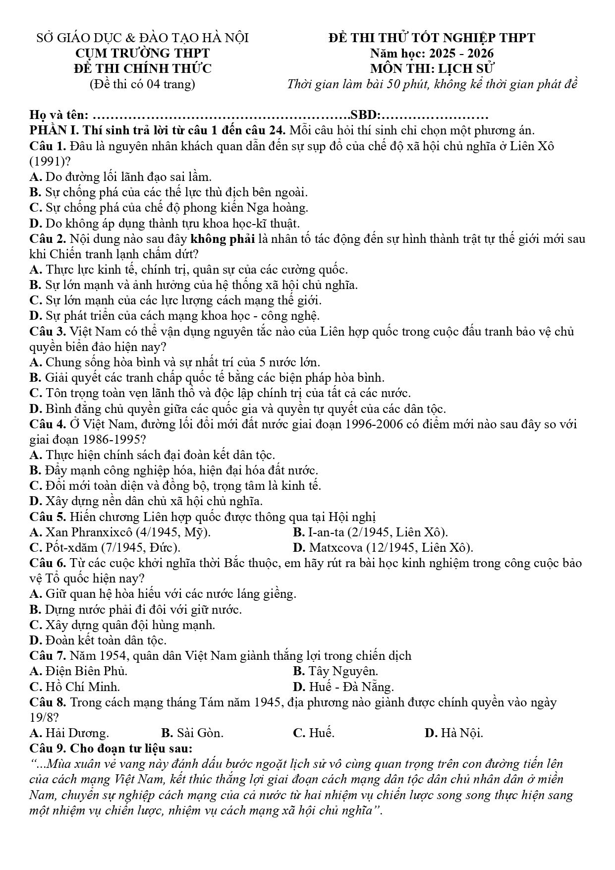 Đề thi thử Tốt nghiệp THPT Lịch sử 2025-2026 Cụm trường THPT (Hà Nội)