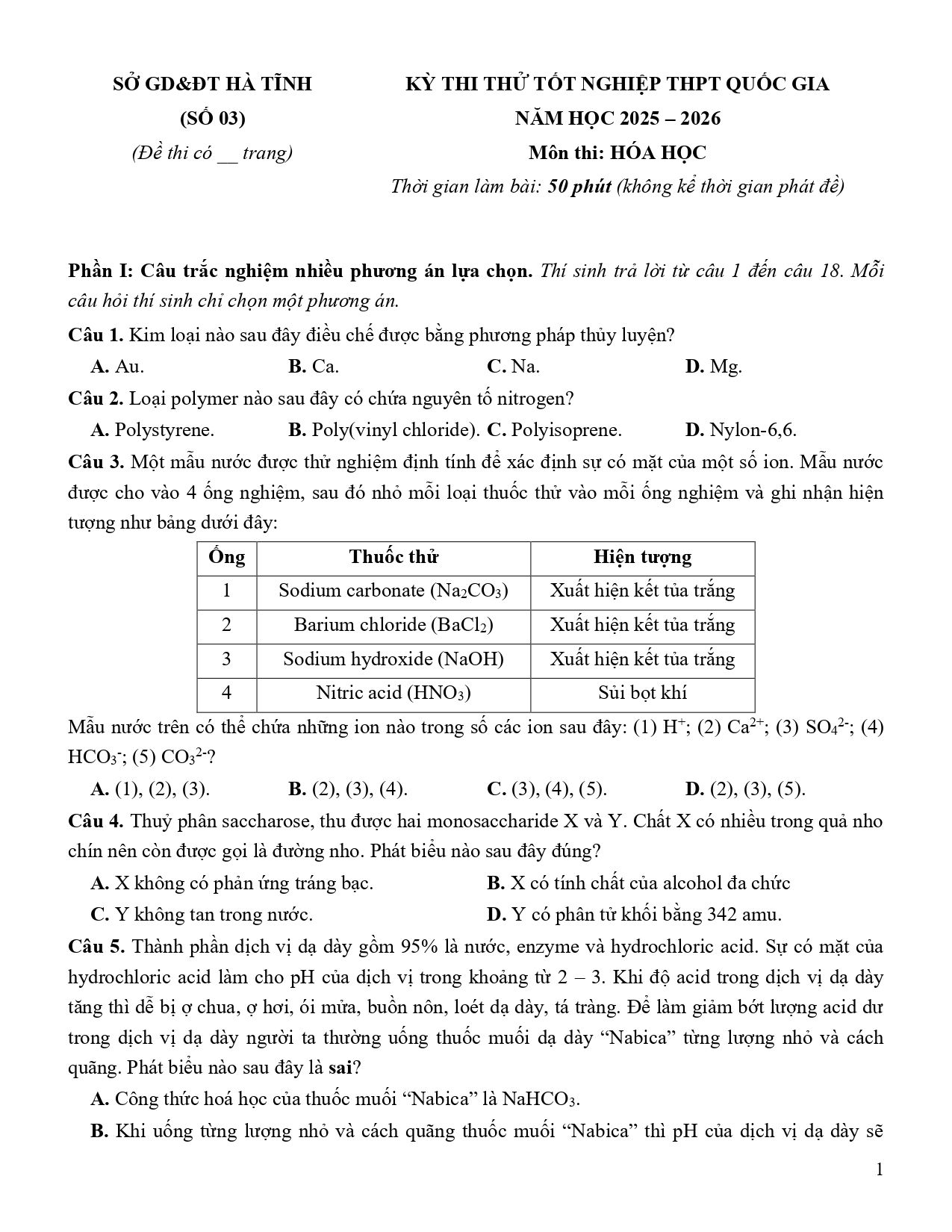 Đề thi thử Tốt nghiệp THPT Hóa học 2025 - 2026 Sở GD&ĐT Hà Tĩnh (03)