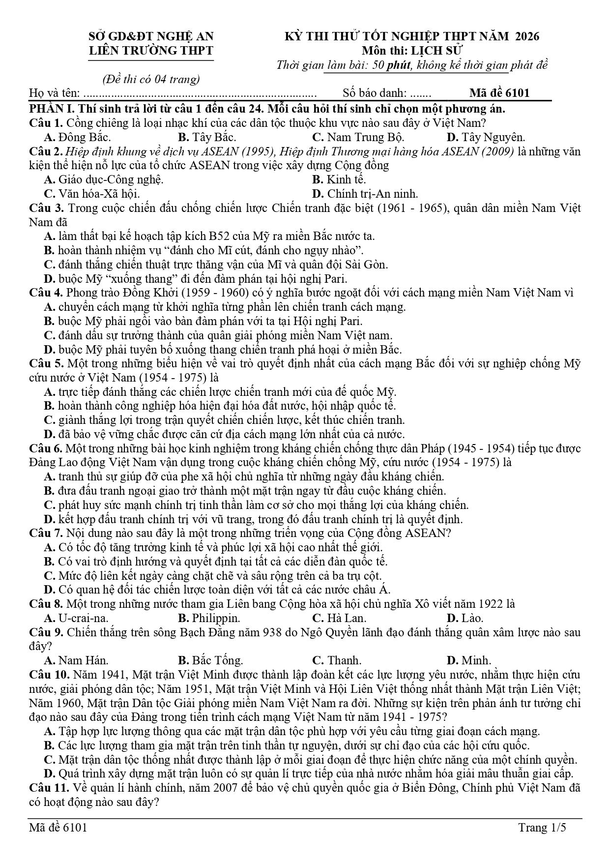 Đề thi thử Tốt nghiệp THPT Lịch sử 2025-2026 Liên trường THPT (mã lẻ) (Nghệ An)