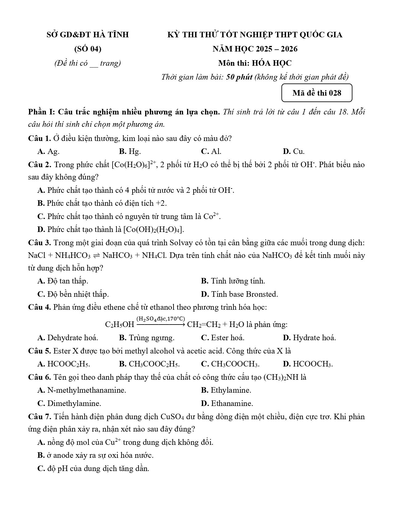 Đề thi thử Tốt nghiệp THPT Hóa học 2025 - 2026 Sở GD&ĐT Hà Tĩnh (04)