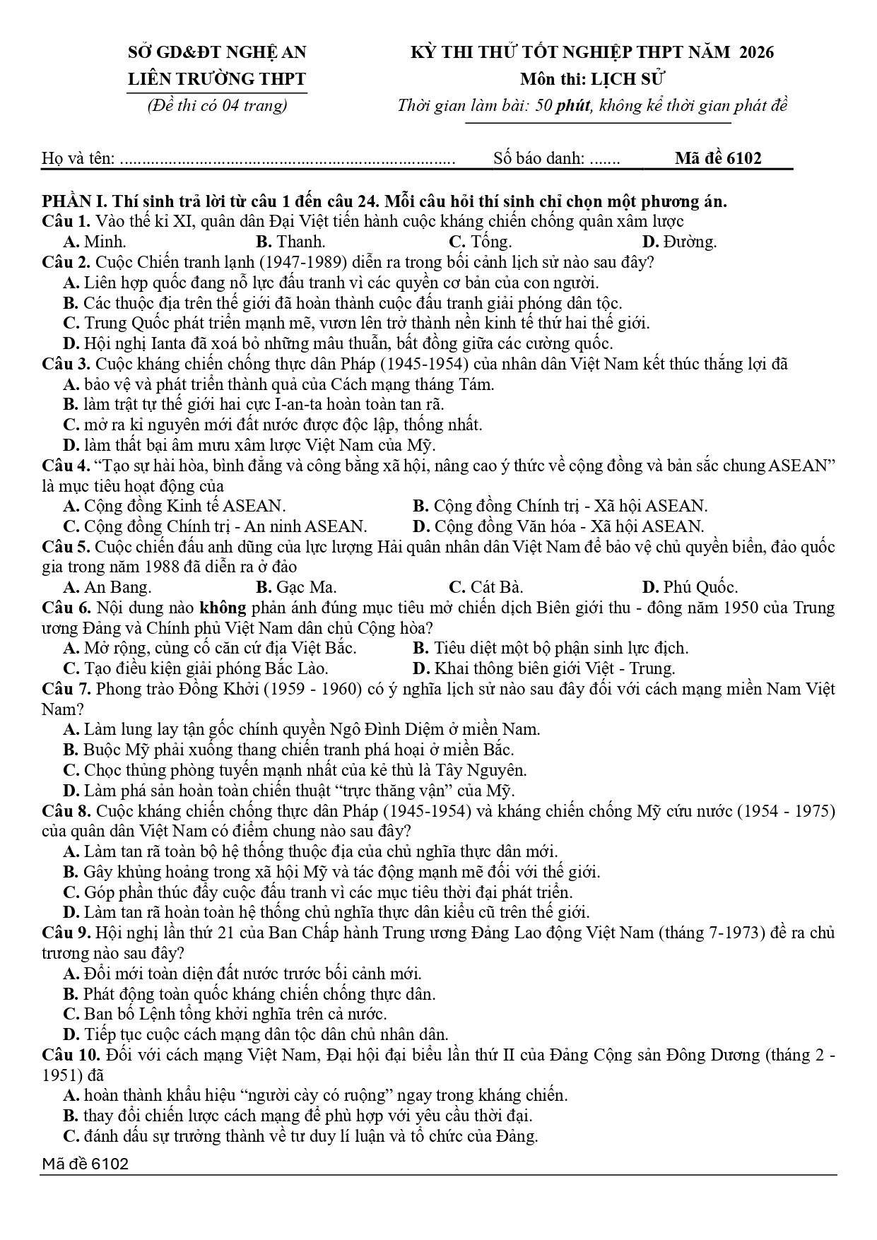 Đề thi thử Tốt nghiệp THPT Lịch sử 2025-2026 Liên trường THPT (mã chẵn) (Nghệ An)