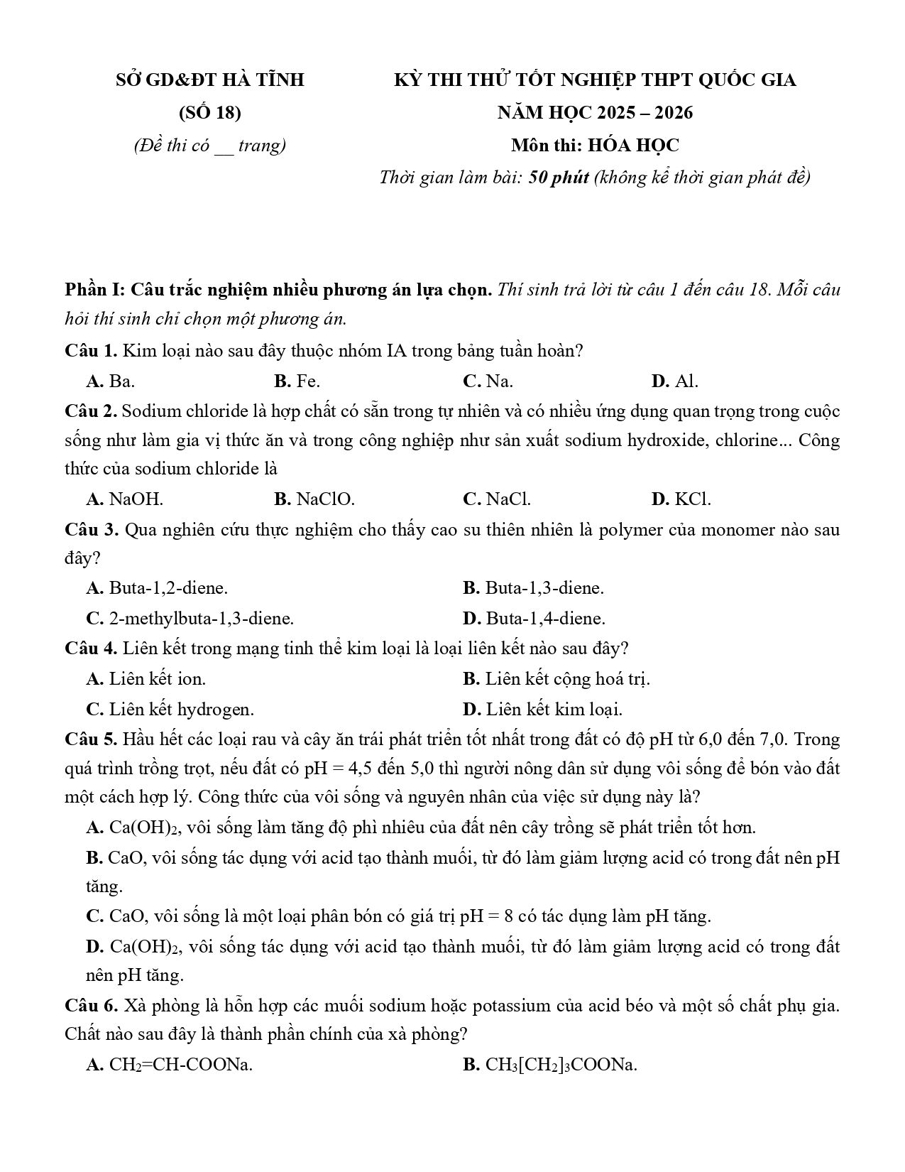 Đề thi thử Tốt nghiệp THPT Hóa học 2025 - 2026 Sở GD&ĐT Hà Tĩnh (số 18)