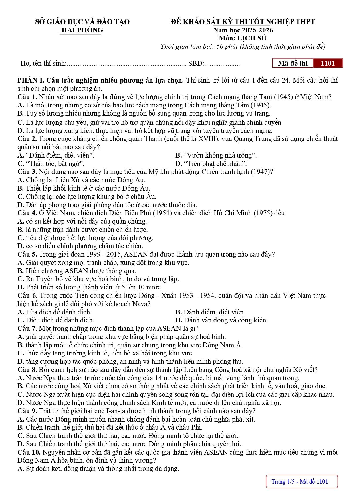 Đề thi thử Tốt nghiệp THPT Lịch sử 2025-2026 Liên trường THPT (Hải Phòng)
