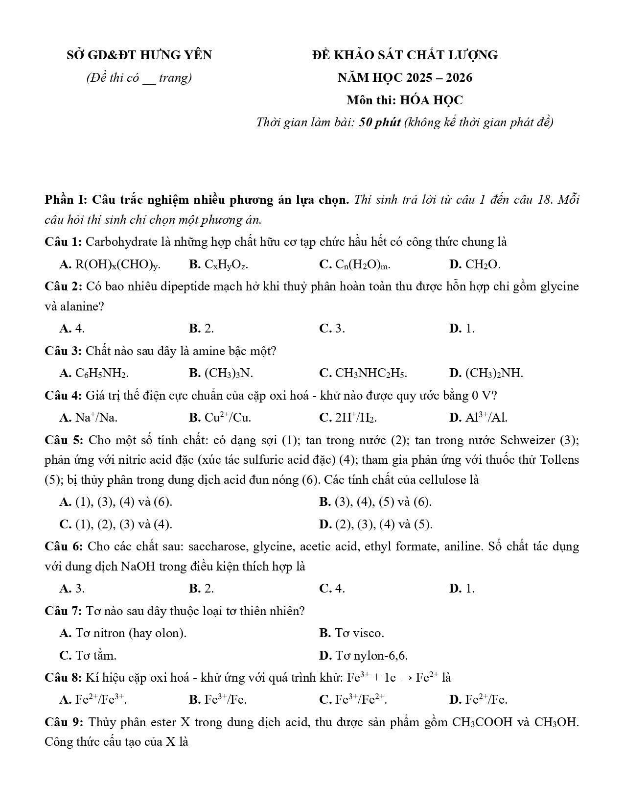 Đề thi thử Tốt nghiệp THPT Hóa học 2025 - 2026 Sở GD&ĐT Hưng Yên