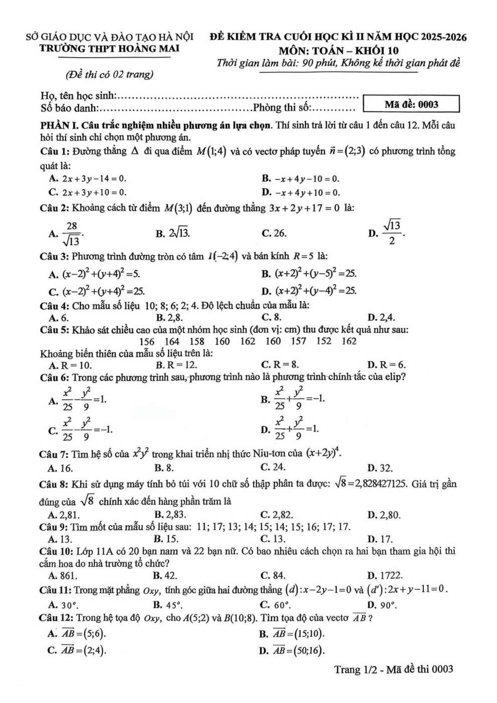 Đề thi Học kì 2 Toán 10 trường THPT Hoàng Mai (Hà Nội) năm 2025–2026