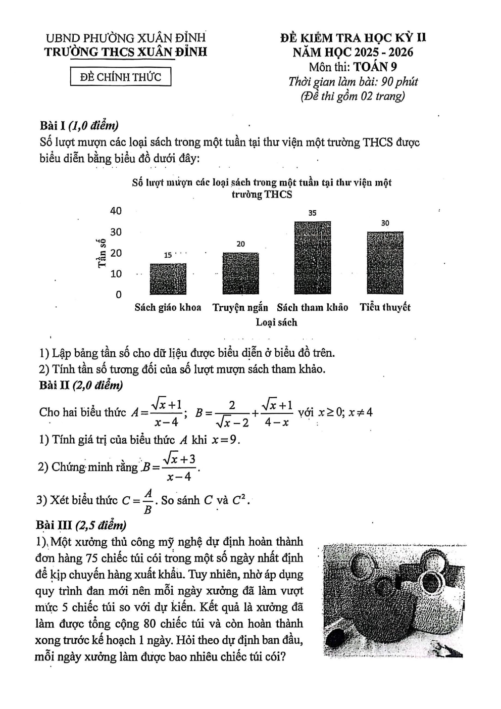 Đề thi Học kì 2 Toán 9 trường THCS Xuân Đỉnh (Hà Nội) năm 2025–2026