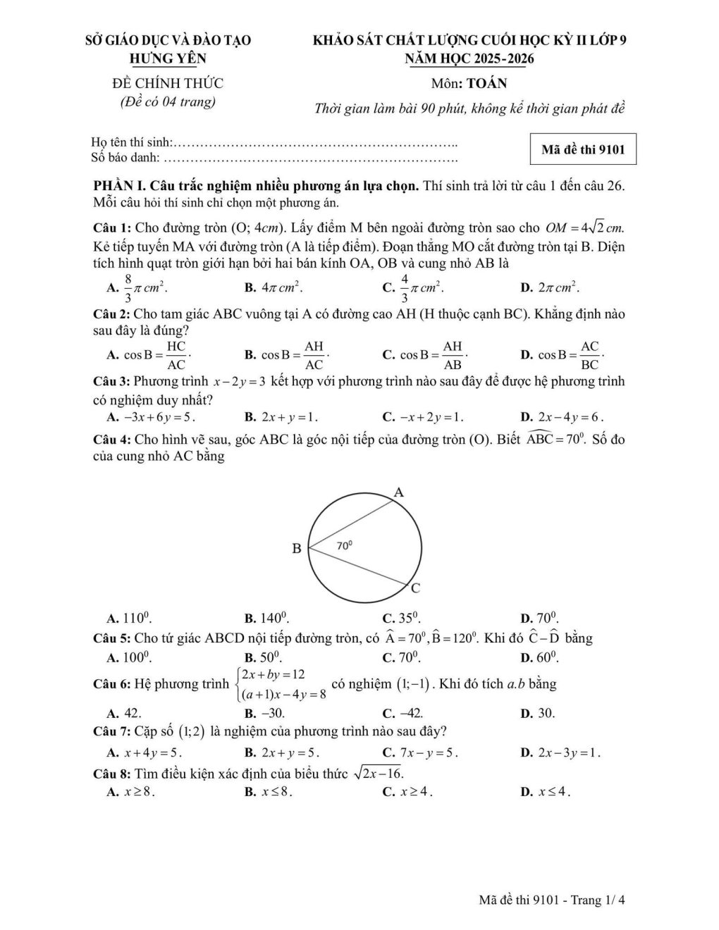 Đề thi Học kì 2 Toán 9 sở GD&ĐT Hưng Yên năm 2025–2026