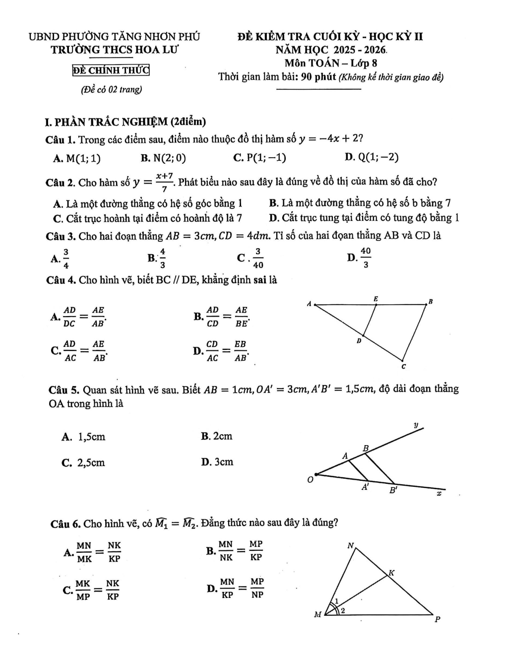 Đề thi Học kì 2 Toán 8 trường THCS Hoa Lư (TP Hồ Chí Minh) năm 2025–2026