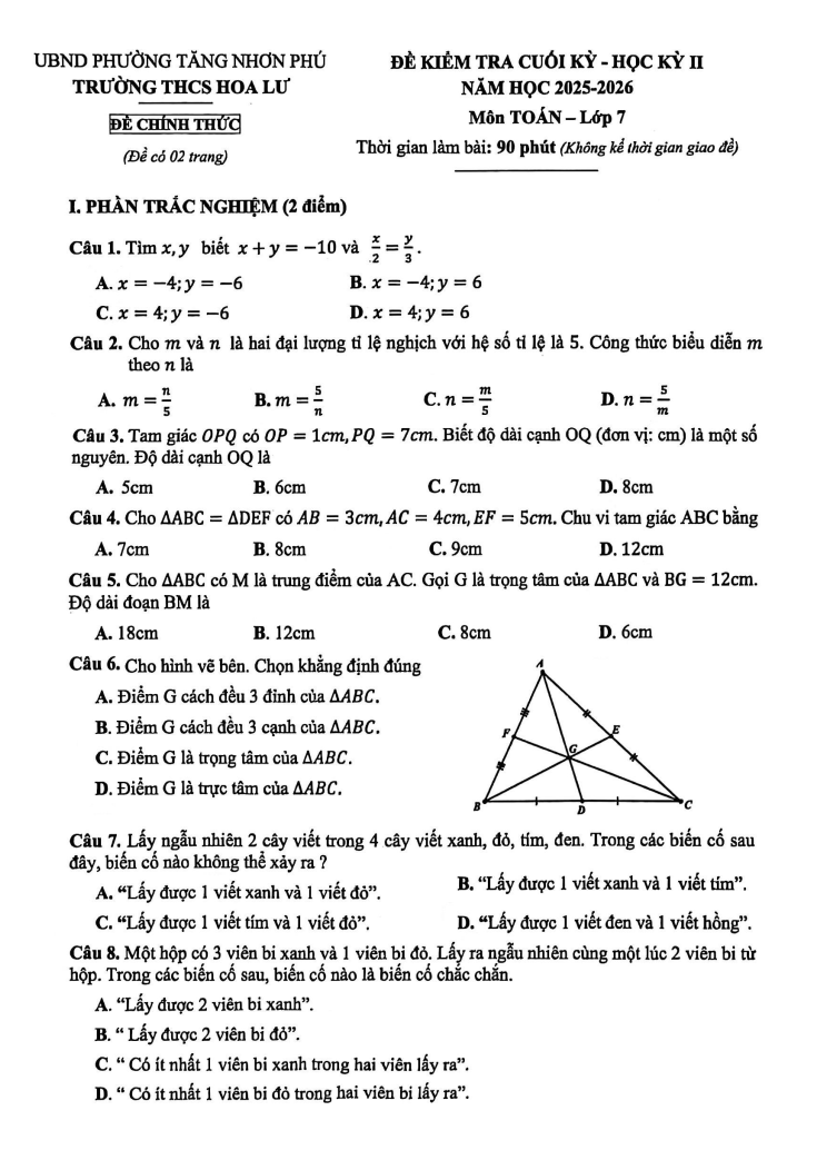 Đề thi Học kì 2 Toán 7 trường THCS Hoa Lư (TP Hồ Chí Minh) năm 2025–2026
