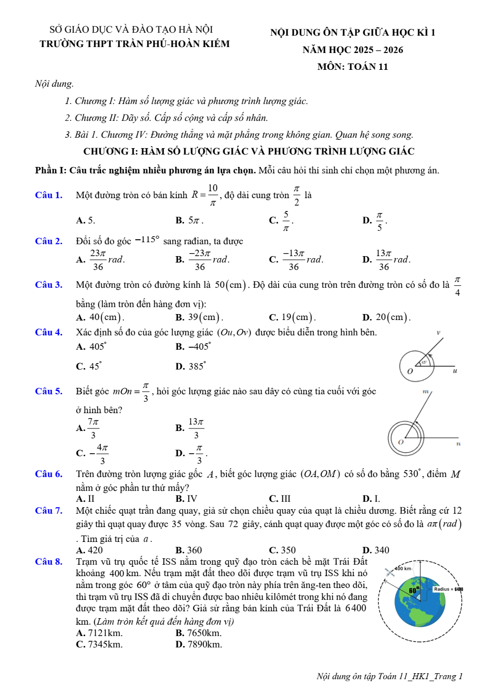 Đề cương ôn tập Giữa kì 1 Toán 11 trường THPT Trần Phú (Hà Nội) năm 2025–2026