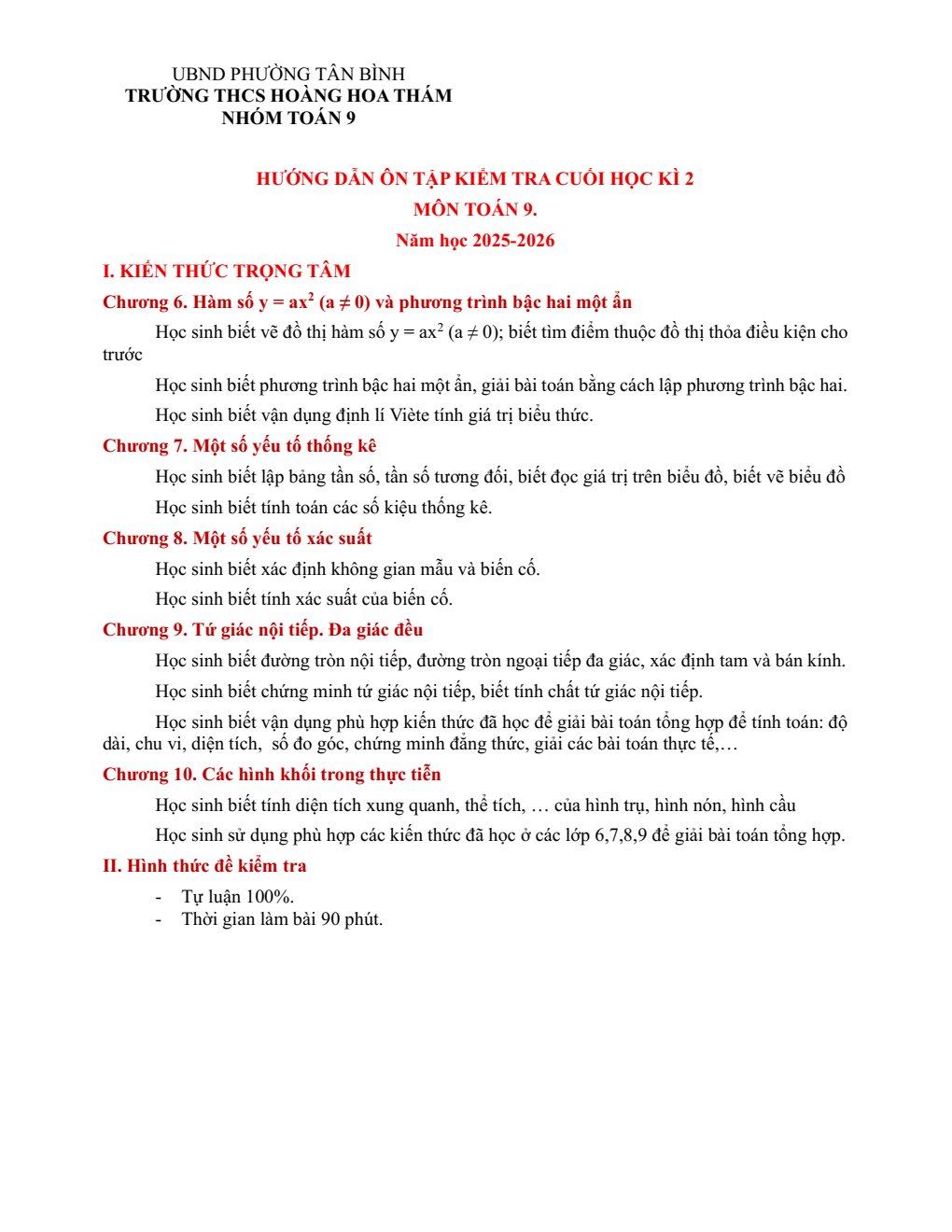 Đề cương ôn tập Học kì 2 Toán 9 trường THCS Hoàng Hoa Thám (TP Hồ Chí Minh) năm 2025–2026