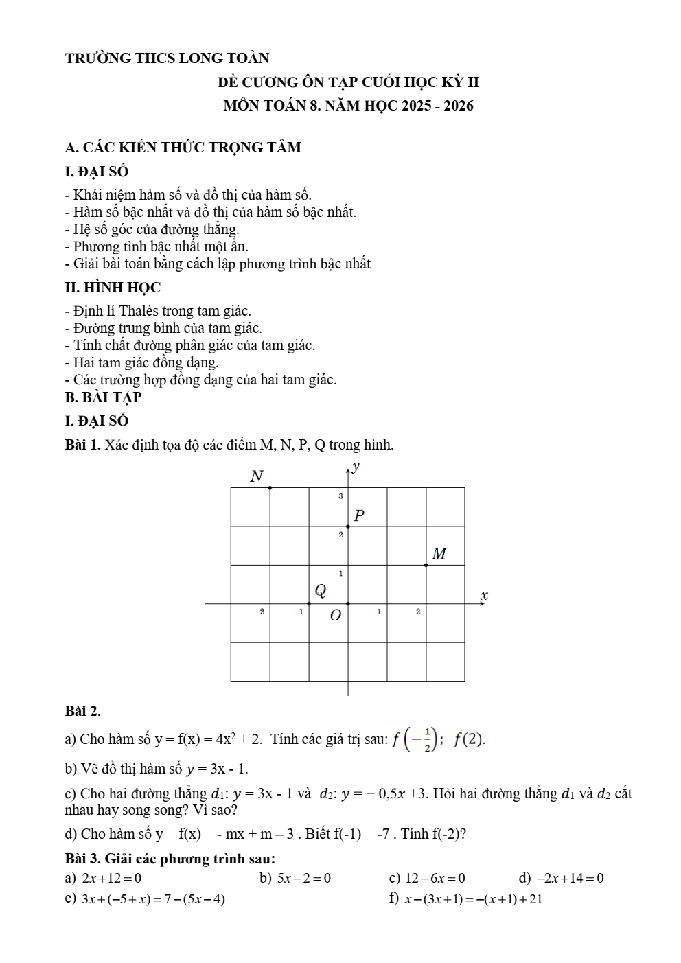 Đề cương ôn tập Học kì 2 Toán 8 trường THCS Long Toàn (TP Hồ Chí Minh) năm 2025–2026