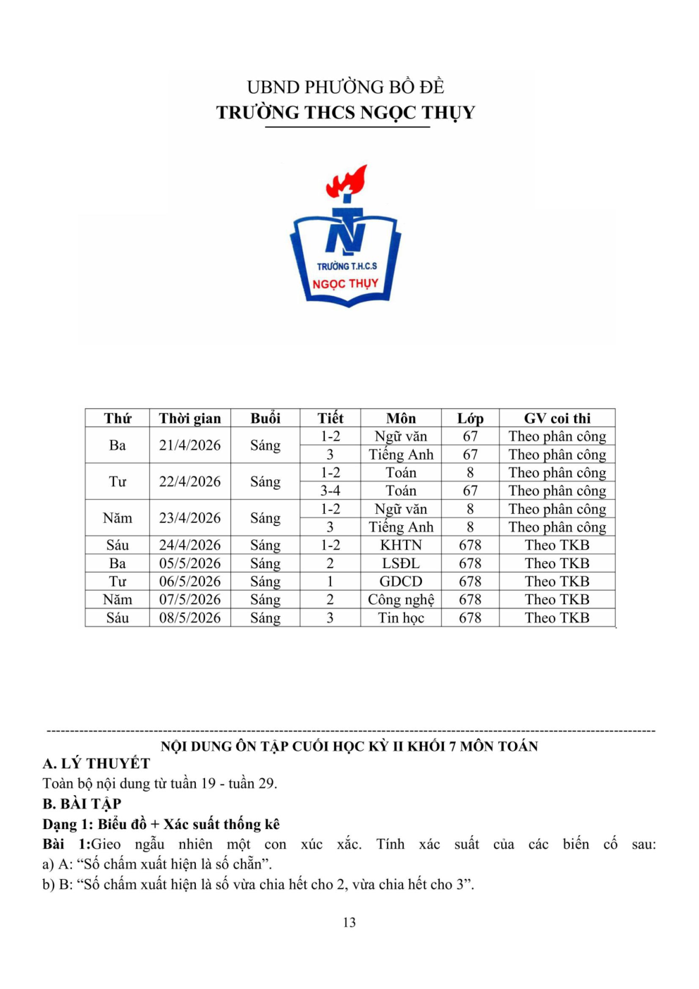 Đề cương ôn tập Học kì 2 Toán 7 trường THCS Ngọc Thụy (Hà Nội) năm 2025–2026