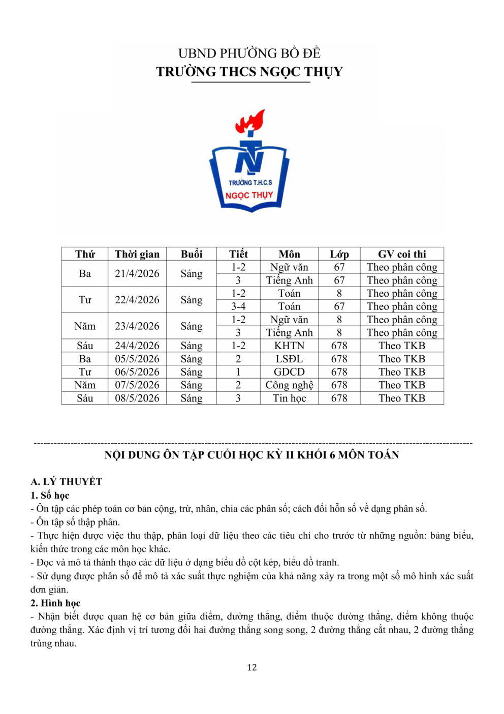 Đề cương ôn tập Học kì 2 Toán 6 trường THCS Ngọc Thụy (Hà Nội) năm 2025–2026