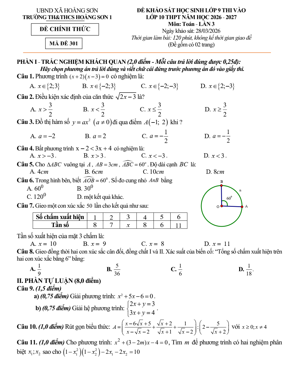 Đề thi thử Toán vào lớp 10 lần 3 năm 2026-2027 trường Hoằng Sơn 1 (Thanh Hóa)