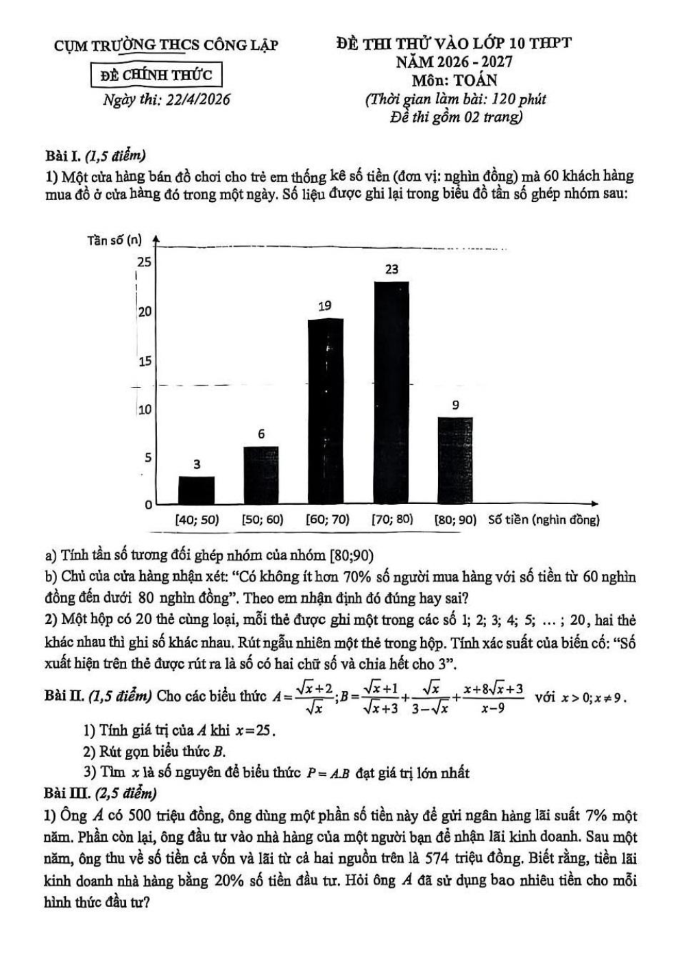 Đề thi thử Toán vào lớp 10 năm 2026-2027 cụm THCS công lập (Hà Nội)