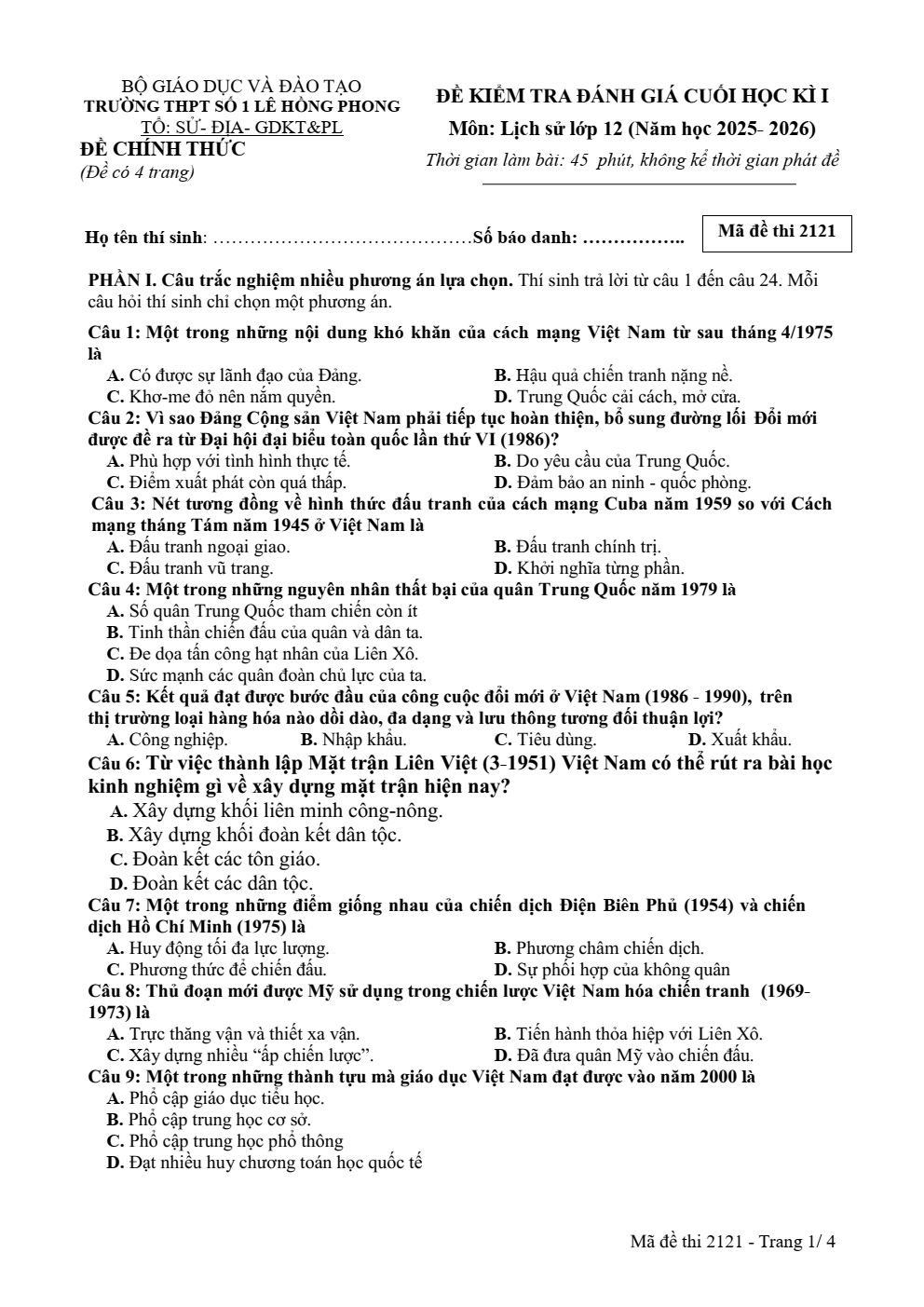 Đề thi Học kì 1 Lịch sử 12 năm 2025 - 2026 trường THPT số 1 Lê Hồng Phong (Đắk Lắk)