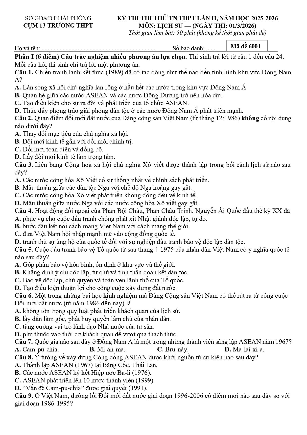 Đề thi thử Tốt nghiệp THPT Lịch sử 2025-2026 Cụm 13 trường THPT (Hải Phòng)