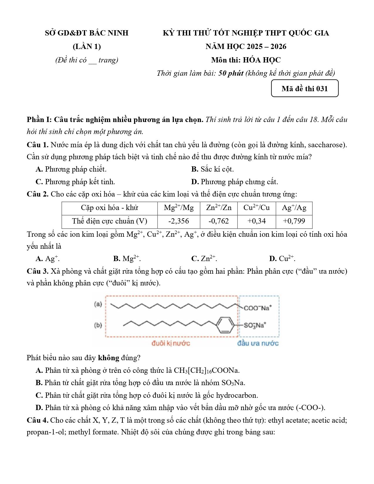 Đề thi thử Tốt nghiệp THPT Hóa học 2025 - 2026 Sở GD&ĐT Bắc Ninh (lần 1)