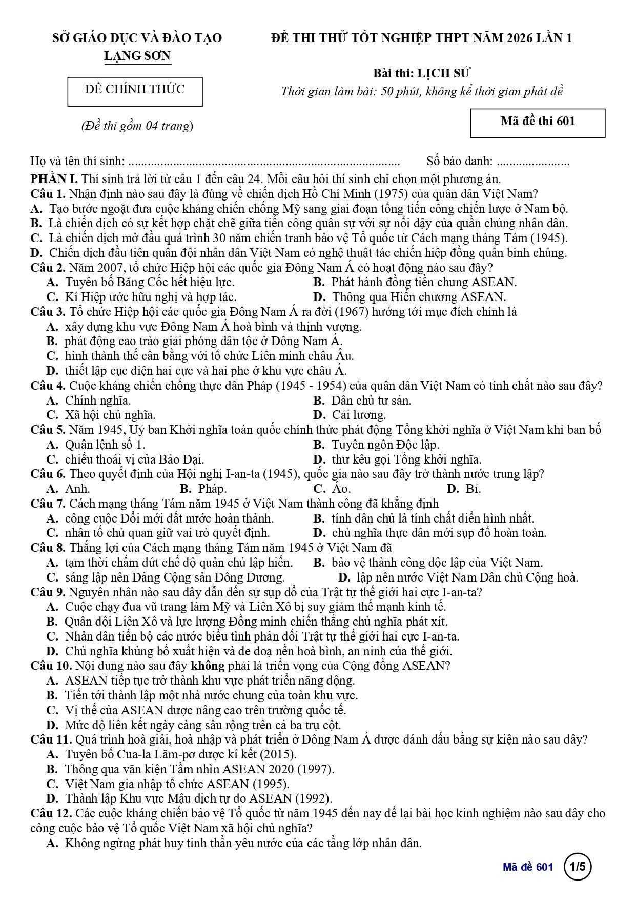 Đề thi thử Tốt nghiệp THPT Lịch sử 2025-2026 Sở GD&ĐT Lạng Sơn (lần 1)