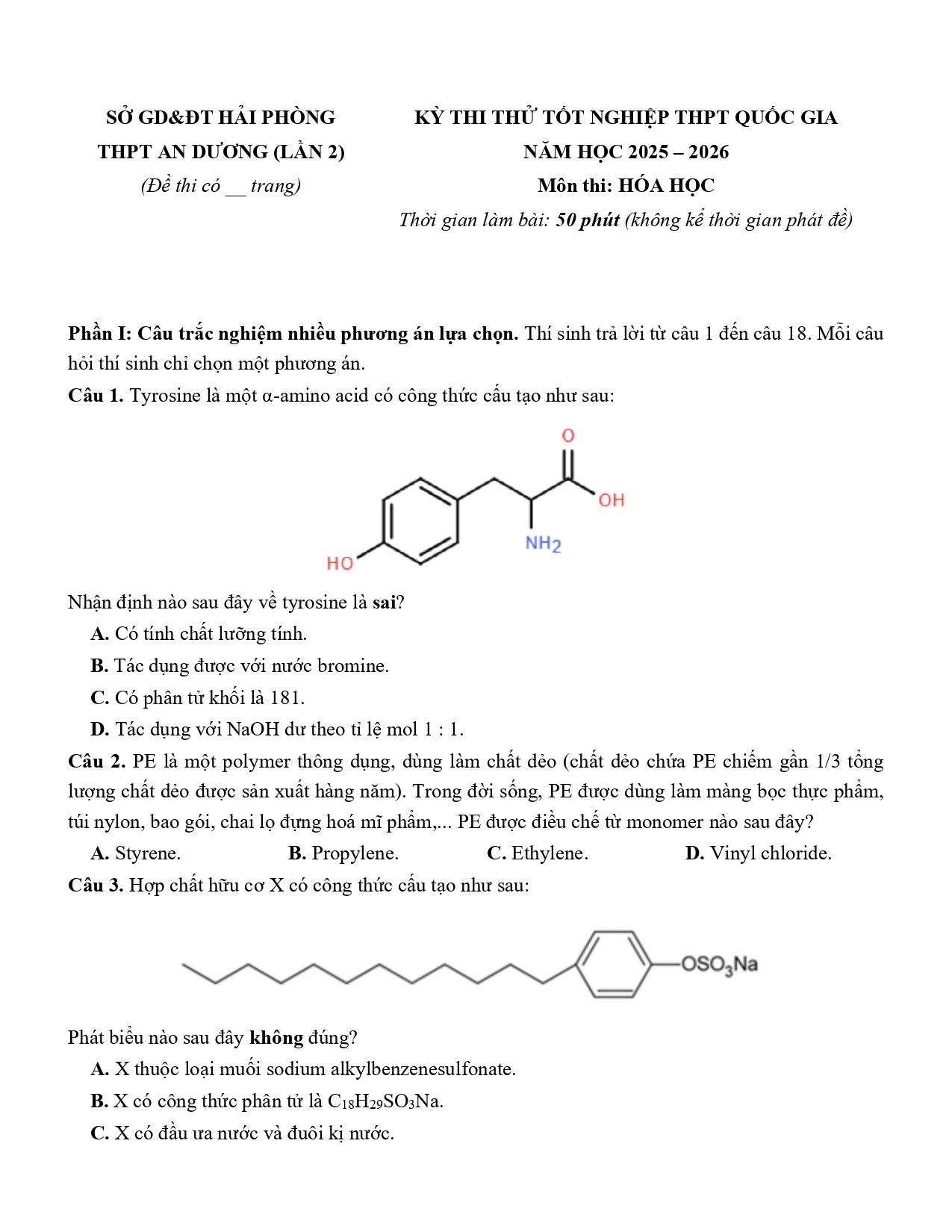 Đề thi thử Tốt nghiệp THPT Hóa học 2025 - 2026 trường THPT An Dương (lần 2) (Hải Phòng)