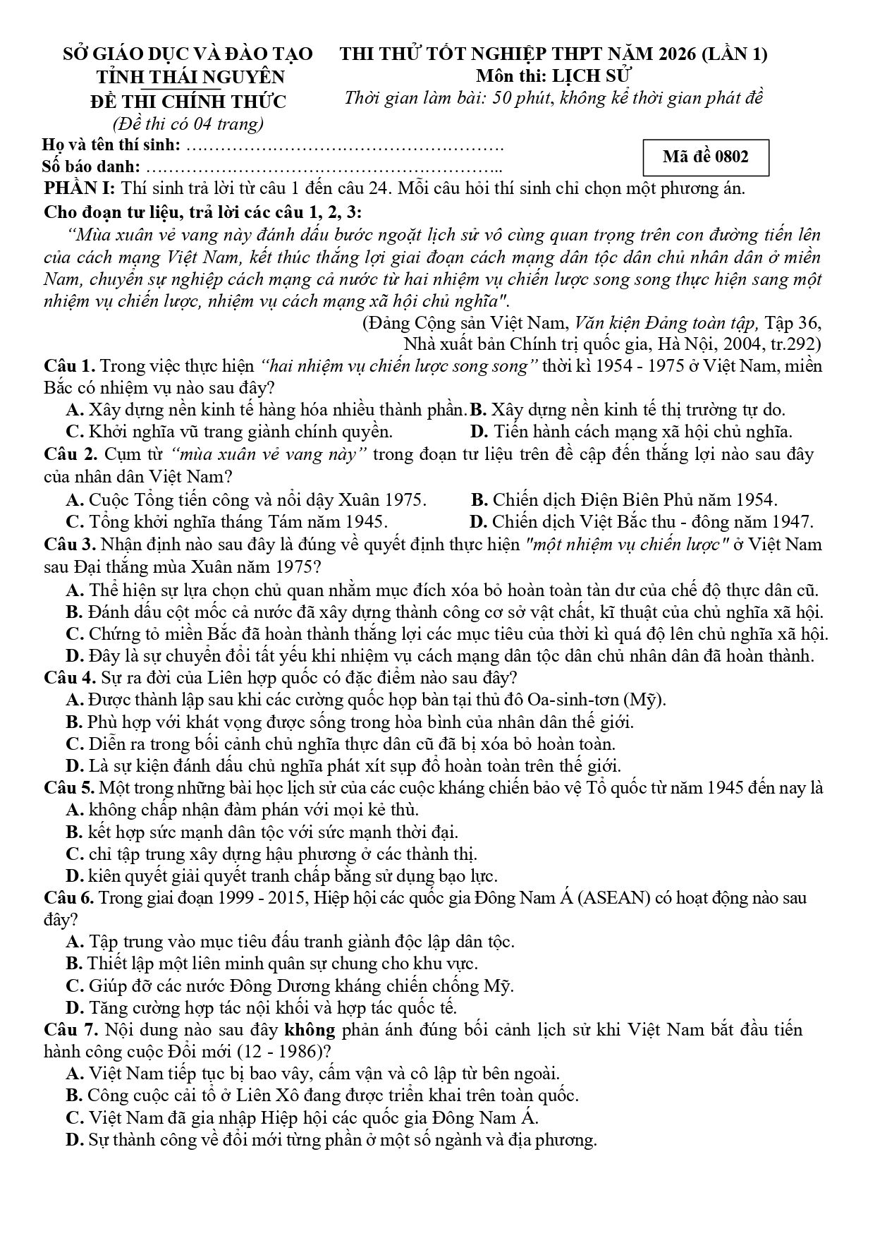 Đề thi thử Tốt nghiệp THPT Lịch sử 2025-2026 Sở GD&ĐT Thái Nguyên (lần 1 - chẵn)