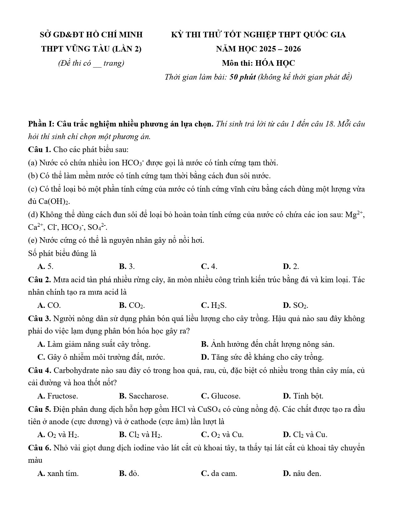 Đề thi thử Tốt nghiệp THPT Hóa học 2025 - 2026 trường THPT Vũng Tàu (lần 2) (TP Hồ Chí Minh)