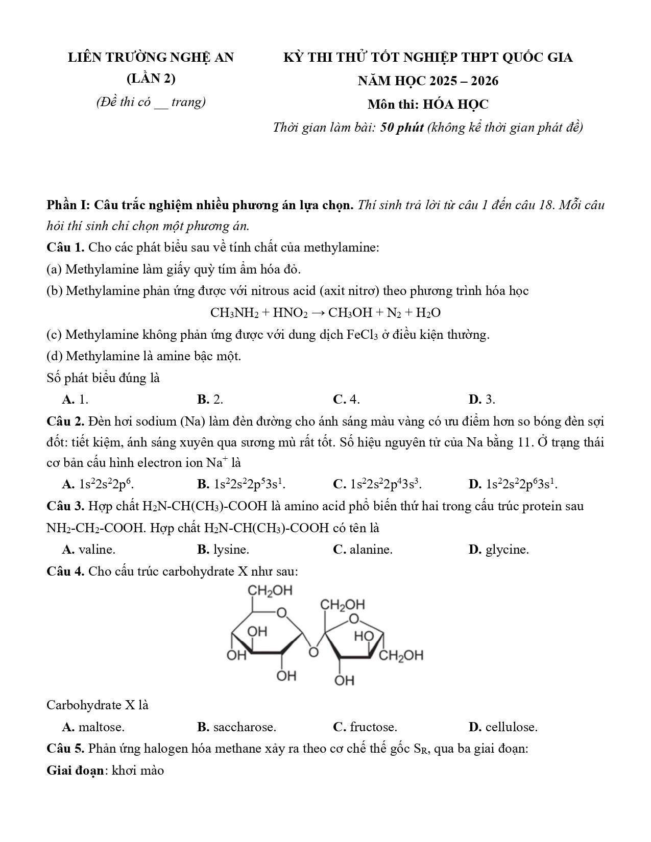 Đề thi thử Tốt nghiệp THPT Hóa học 2025 - 2026 Liên trường Nghệ An (lần 2)