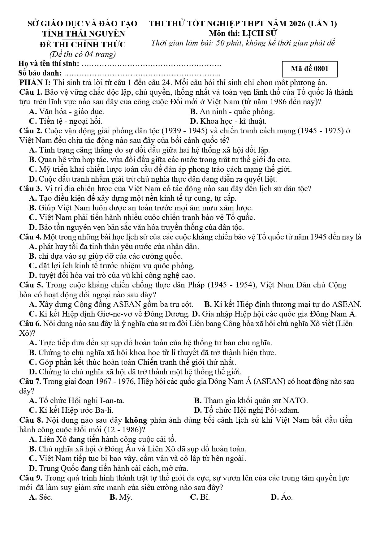 Đề thi thử Tốt nghiệp THPT Lịch sử 2025-2026 Sở GD&ĐT Thái Nguyên (lần 1 - lẻ)