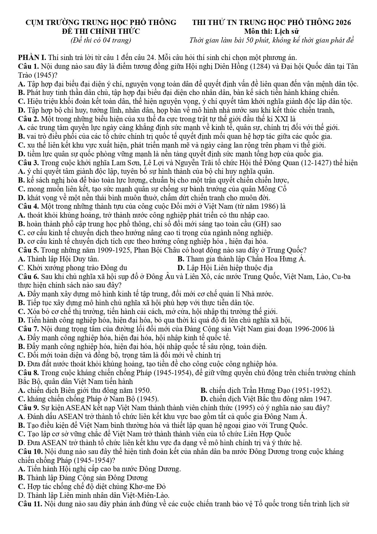 Đề thi thử Tốt nghiệp THPT Lịch sử 2025-2026 Cụm THPT Chuyên