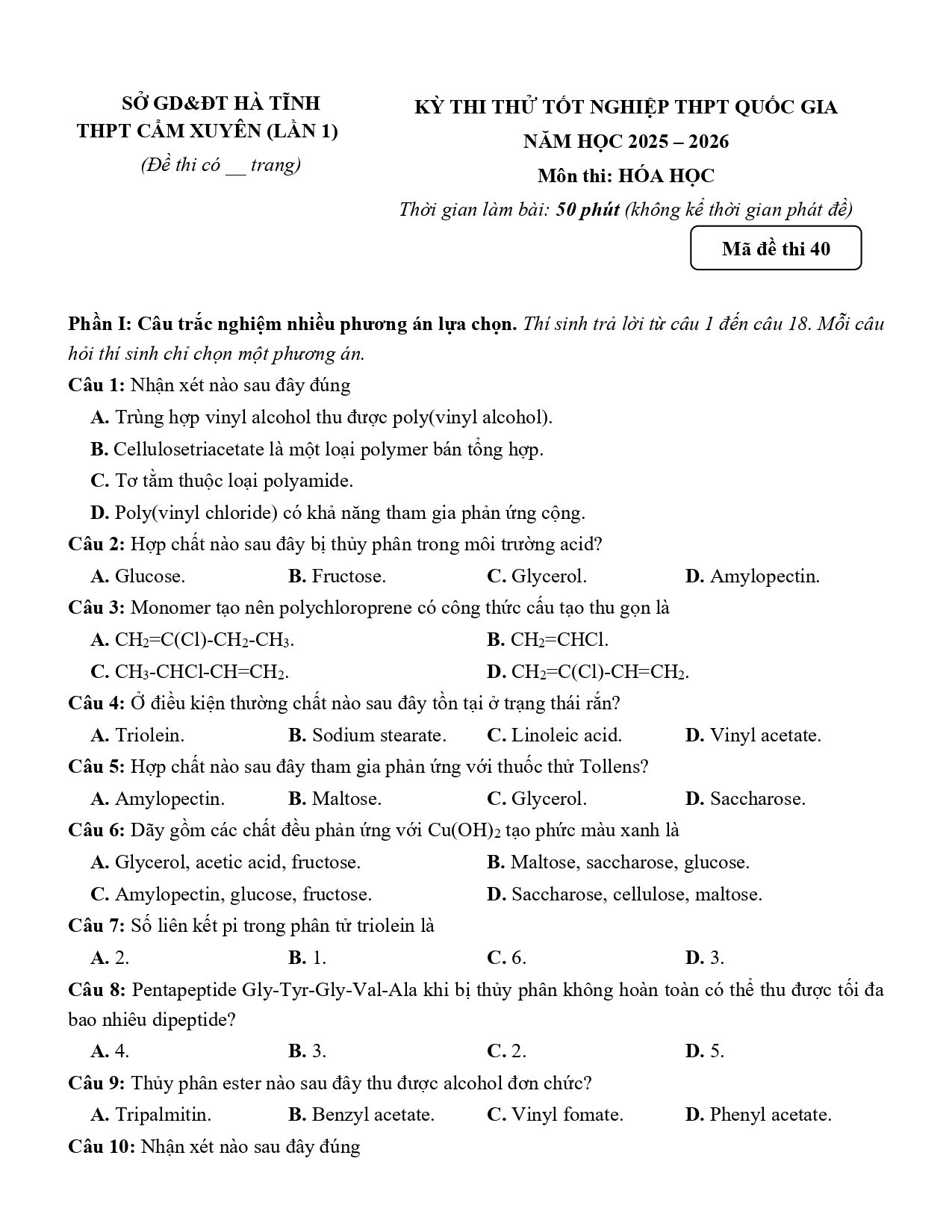 Đề thi thử Tốt nghiệp THPT Hóa học 2025 - 2026 trường THPT Cẩm Xuyên (lần 1) (Hà Tĩnh)