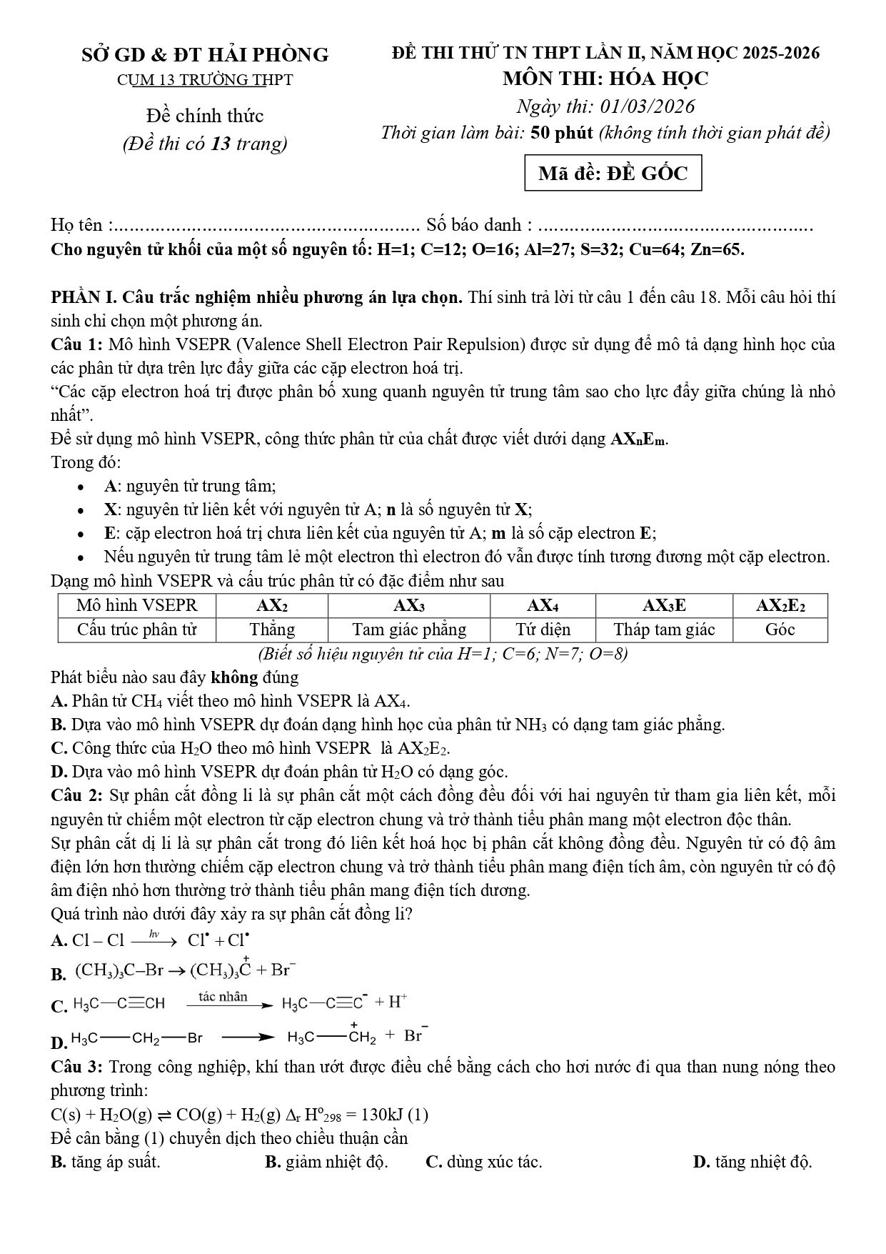 Đề thi thử Tốt nghiệp THPT Hóa học 2025 - 2026 Cụm 13 trường THPT (lần 2) (Hải Phòng)