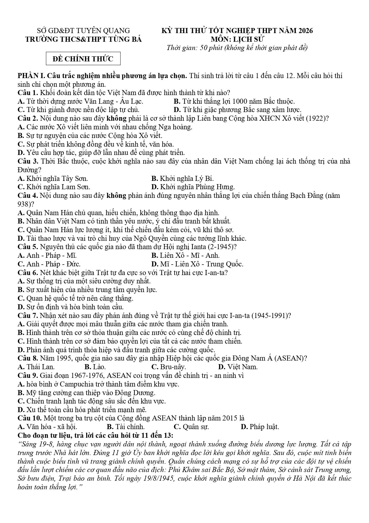 Đề thi thử Tốt nghiệp THPT Lịch sử 2025-2026 trường THCS&THPT Tùng Bá (Tuyên Quang)