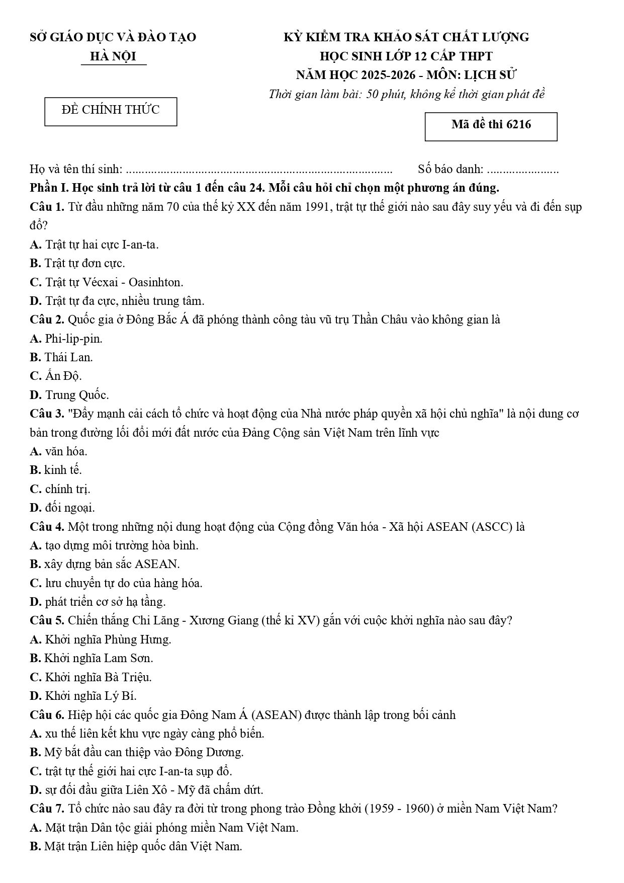 Đề thi thử Tốt nghiệp THPT Lịch sử 2025-2026 Sở GD&ĐT Hà Nội