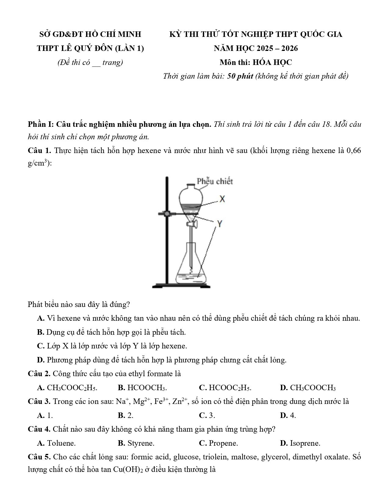 Đề thi thử Tốt nghiệp THPT Hóa học 2025 - 2026 trường THPT Lê Quý Đôn (lần 1) (TP Hồ Chí Minh)