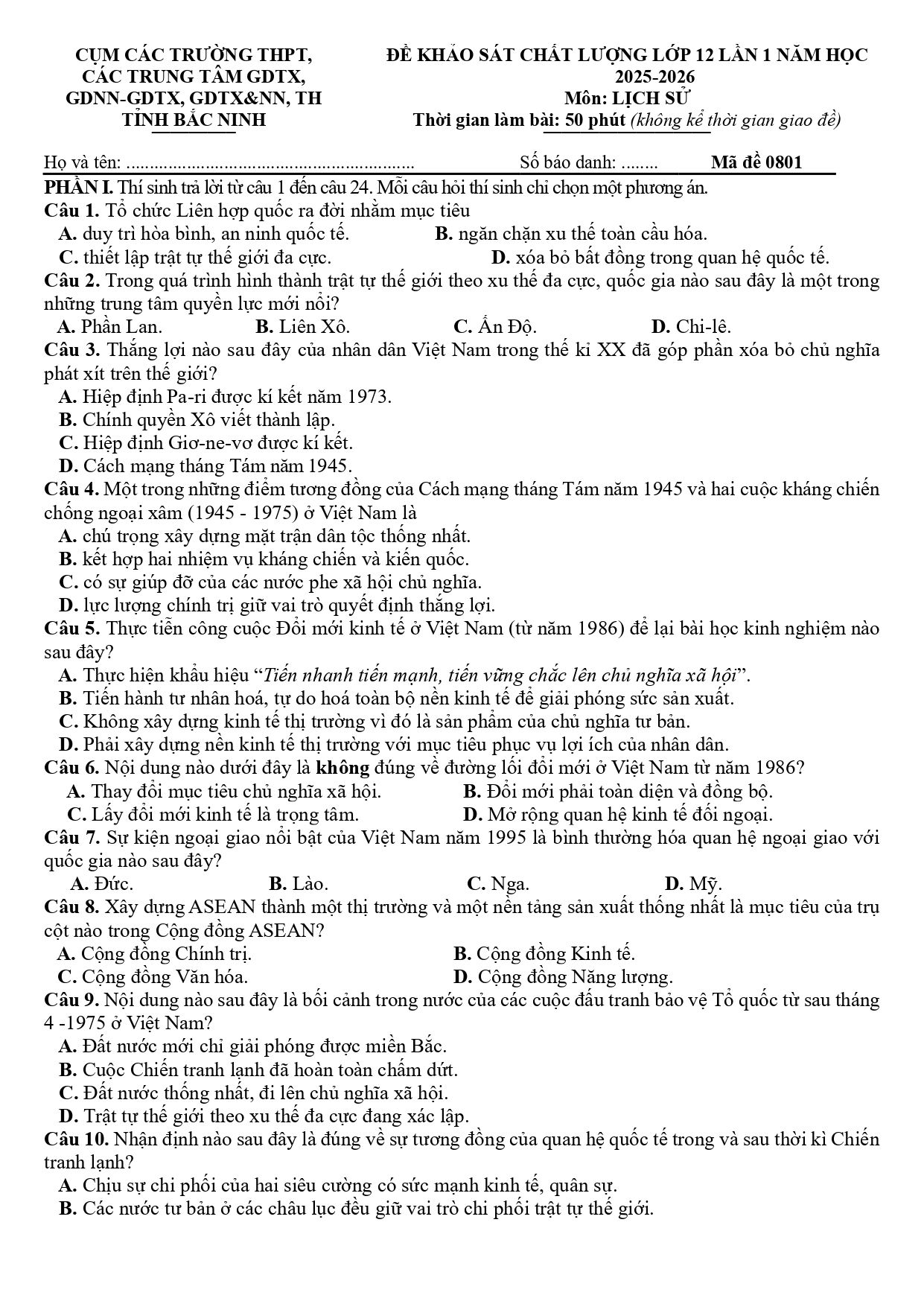 Đề thi thử Tốt nghiệp THPT Lịch sử 2025-2026 Cụm trường THPT, các trung tâm GDTX, GDNN-GDTX, GDTX&NN, TH (Bắc Ninh) (lần 1)